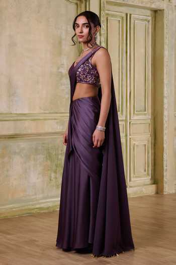 Kamaali Pret_Brown Satin V-neck Zaria Printed Kaftan And Pant Set _Online_at_Aza_Fashions