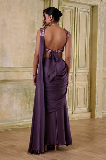 Shop_Kamaali Pret_Brown Satin V-neck Zaria Printed Kaftan And Pant Set _at_Aza_Fashions