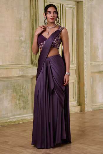 Shop_Kamaali Pret_Brown Satin V-neck Zaria Printed Kaftan And Pant Set _Online_at_Aza_Fashions