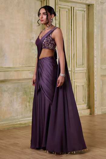 Kamaali Pret_Brown Satin V-neck Zaria Printed Kaftan And Pant Set _at_Aza_Fashions