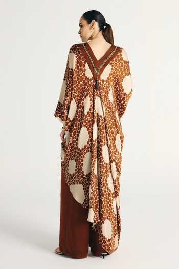 Shop_Kamaali Pret_Brown Satin V-neck Alya Printed Kaftan _at_Aza_Fashions