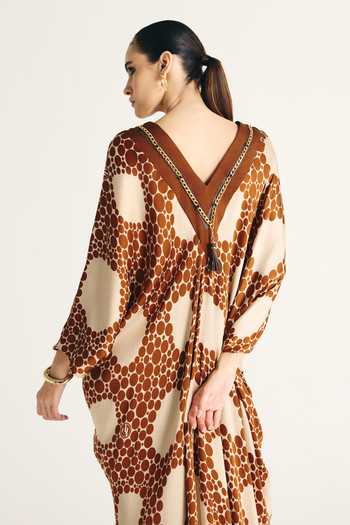 Kamaali Pret_Brown Satin V-neck Alya Printed Kaftan _Online_at_Aza_Fashions