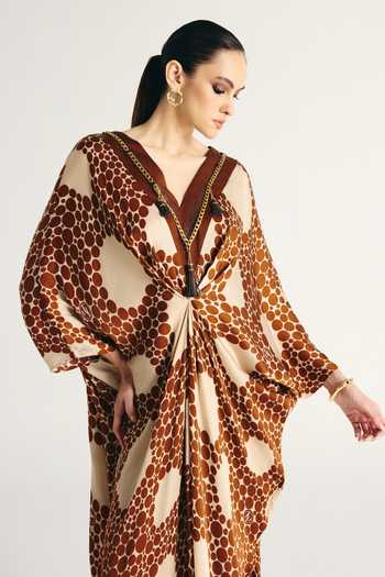 Buy_Kamaali Pret_Brown Satin V-neck Alya Printed Kaftan _Online_at_Aza_Fashions