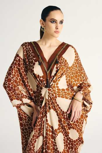 Shop_Kamaali Pret_Brown Satin V-neck Alya Printed Kaftan _Online_at_Aza_Fashions