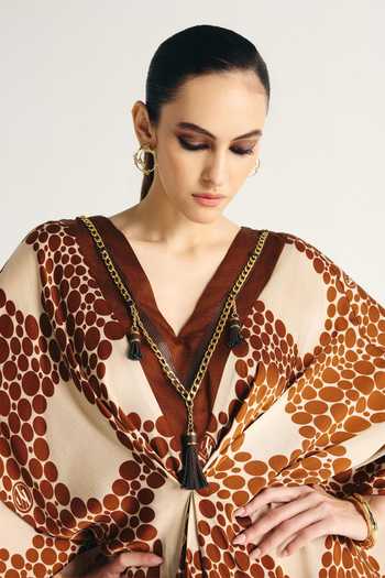 Kamaali Pret_Brown Satin V-neck Alya Printed Kaftan _at_Aza_Fashions