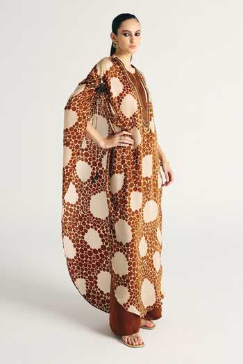 Kamaali Pret_Brown Satin Round Neck Sahra Printed Kaftan And Pant Set _Online_at_Aza_Fashions