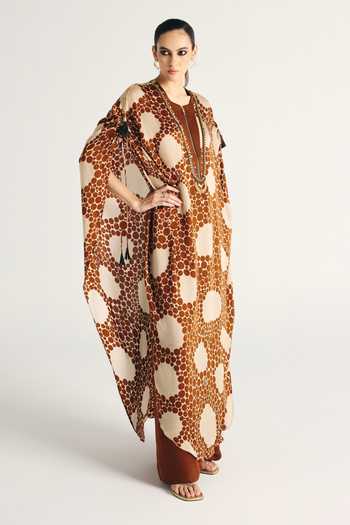 Buy_Kamaali Pret_Brown Satin Round Neck Sahra Printed Kaftan And Pant Set _Online_at_Aza_Fashions