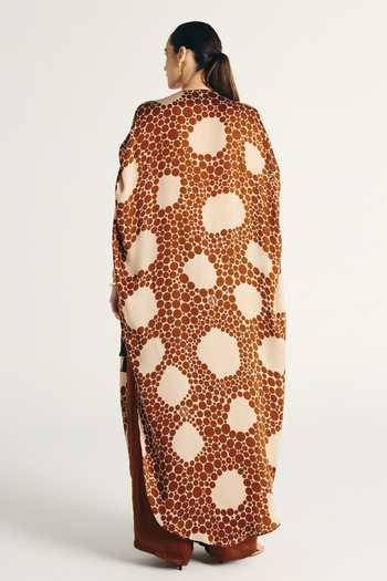 Shop_Kamaali Pret_Brown Satin Round Neck Sahra Printed Kaftan And Pant Set _at_Aza_Fashions