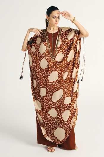 Shop_Kamaali Pret_Brown Satin Round Neck Sahra Printed Kaftan And Pant Set _Online_at_Aza_Fashions