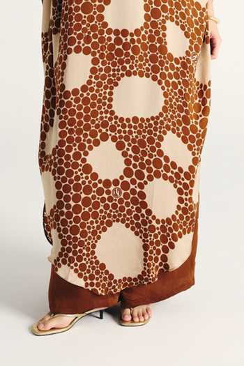 Kamaali Pret_Brown Satin Round Neck Sahra Printed Kaftan And Pant Set _at_Aza_Fashions