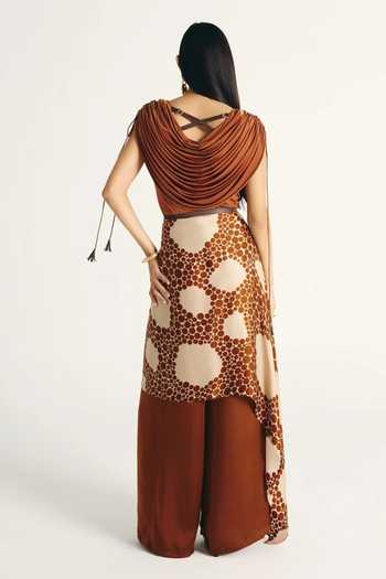 Shop_Kamaali Pret_Brown Satin Cowl Neck Amara Top Set _at_Aza_Fashions