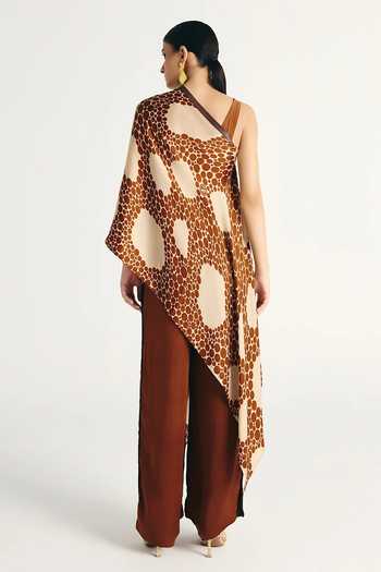 Kamaali Pret_Brown Satin Cowl Neck Amara Top Set _Online_at_Aza_Fashions