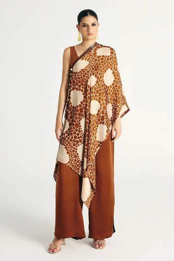 Kamaali Pret_Brown Satin Cowl Neck Amara Top Set _at_Aza_Fashions