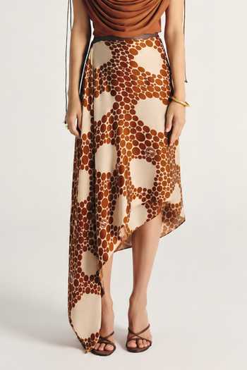 Buy_Kamaali Pret_Brown Satin Cowl Neck Inaya Top And Skirt Set _Online_at_Aza_Fashions