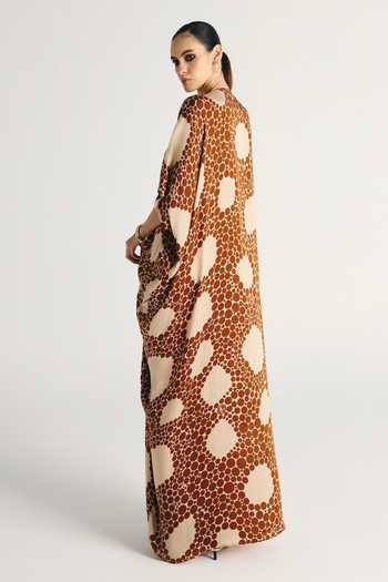 Kamaali Pret_Ivory Satin Round Neck Naya Printed Kaftan _Online_at_Aza_Fashions