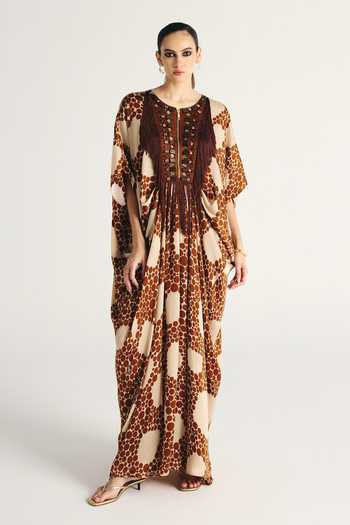 Buy_Kamaali Pret_Ivory Satin Round Neck Naya Printed Kaftan _Online_at_Aza_Fashions