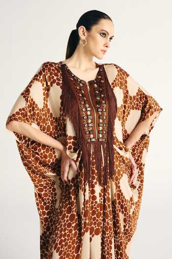 Buy_Kamaali Pret_Ivory Satin Round Neck Naya Printed Kaftan 