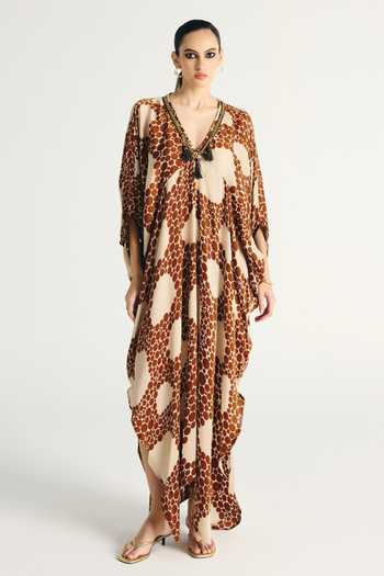 Kamaali Pret_Ivory Satin V-neck Maha Printed Kaftan _Online_at_Aza_Fashions