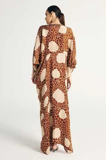 Shop_Kamaali Pret_Ivory Satin V-neck Maha Printed Kaftan _at_Aza_Fashions