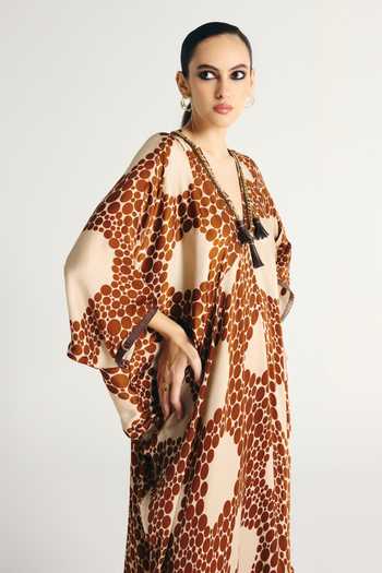 Buy_Kamaali Pret_Ivory Satin V-neck Maha Printed Kaftan _Online_at_Aza_Fashions