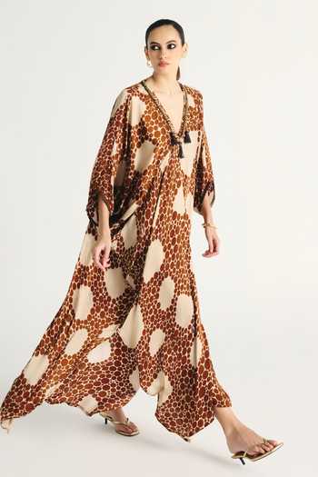 Shop_Kamaali Pret_Ivory Satin V-neck Maha Printed Kaftan _Online_at_Aza_Fashions