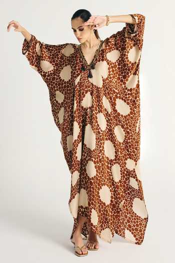 Kamaali Pret_Ivory Satin V-neck Maha Printed Kaftan _at_Aza_Fashions