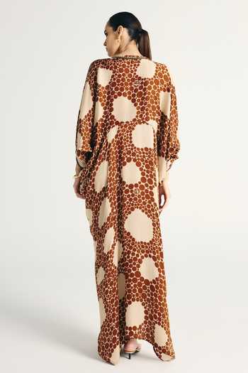 Shop_Kamaali Pret_Ivory Satin V-neck Oryx Printed Kaftan And Pant Set _at_Aza_Fashions