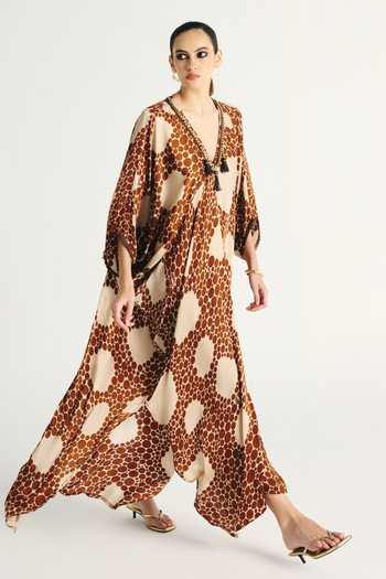 Buy_Kamaali Pret_Ivory Satin V-neck Oryx Printed Kaftan And Pant Set 