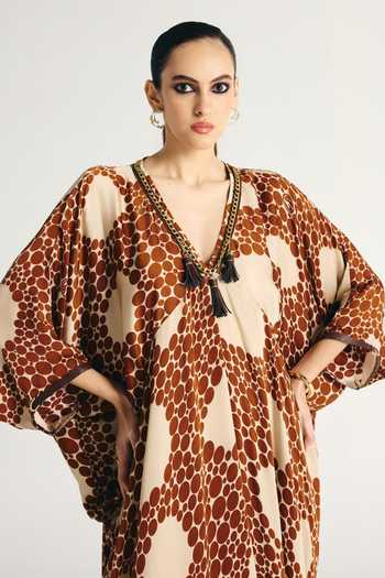Shop_Kamaali Pret_Ivory Satin V-neck Oryx Printed Kaftan And Pant Set 