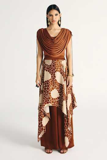 Kamaali Pret_Ivory Satin Cowl Neck Aseel Skirt Pant Set _Online_at_Aza_Fashions