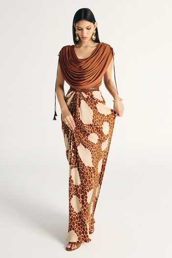 Buy_Kamaali Pret_Ivory Satin Cowl Neck Ziva Draped Top And Skirt Set _Online_at_Aza_Fashions