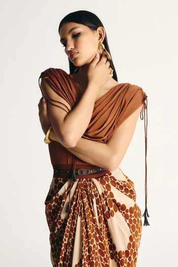 Kamaali Pret_Ivory Satin Cowl Neck Ziva Draped Top And Skirt Set _Online