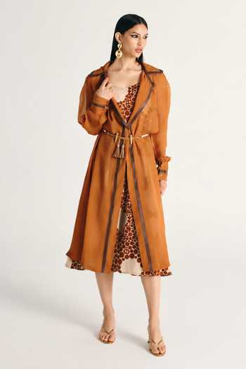 Buy_Kamaali Pret_Brown Satin Haneen Trench Coat Set _at_Aza_Fashions