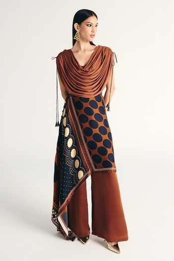 Buy_Kamaali Pret_Brown Satin Cowl Neck Abeer Top Skirt Set _at_Aza_Fashions
