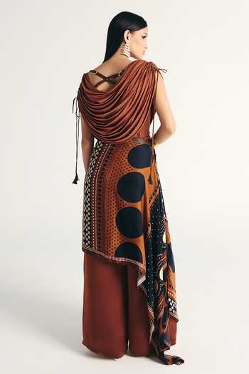 Shop_Kamaali Pret_Brown Satin Cowl Neck Abeer Top Skirt Set _at_Aza_Fashions