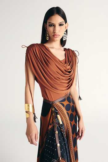 Kamaali Pret_Brown Satin Cowl Neck Abeer Top Skirt Set _Online_at_Aza_Fashions