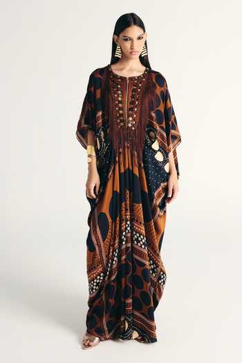 Buy_Kamaali Pret_Brown Satin Round Neck Reyah Printed Kaftan _at_Aza_Fashions