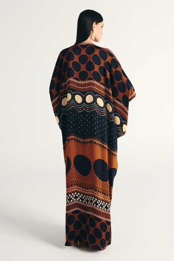 Shop_Kamaali Pret_Brown Satin Round Neck Reyah Printed Kaftan _at_Aza_Fashions
