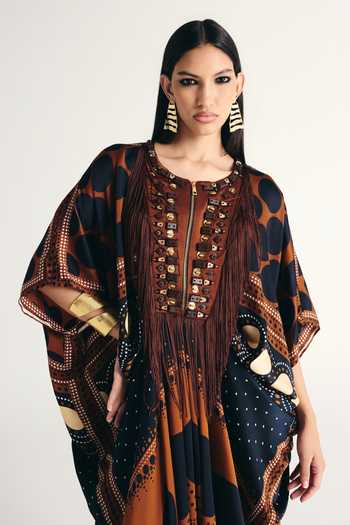 Kamaali Pret_Brown Satin Round Neck Reyah Printed Kaftan _Online_at_Aza_Fashions