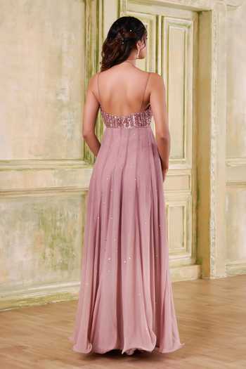 Shop_Muditaa By Urmila_Rose Gold Georgette, Net Sweetheart Sukoon Ombre Shaded Anarkali With Dupatta _at_Aza_Fashions