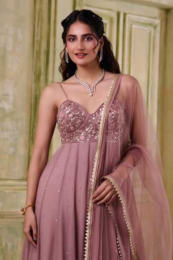 Buy_Muditaa By Urmila_Rose Gold Georgette, Net Sweetheart Sukoon Ombre Shaded Anarkali With Dupatta _Online_at_Aza_Fashions
