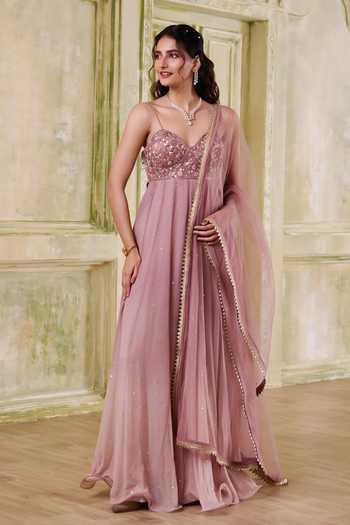 Shop_Muditaa By Urmila_Rose Gold Georgette, Net Sweetheart Sukoon Ombre Shaded Anarkali With Dupatta _Online_at_Aza_Fashions