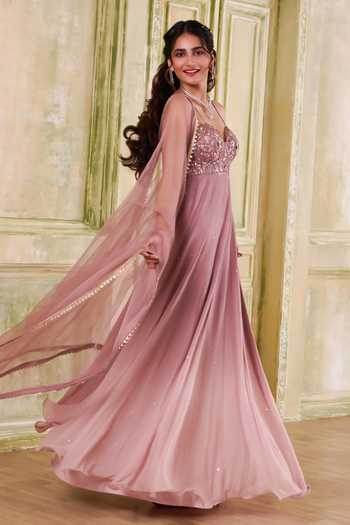 Muditaa By Urmila_Rose Gold Georgette, Net Sweetheart Sukoon Ombre Shaded Anarkali With Dupatta _at_Aza_Fashions
