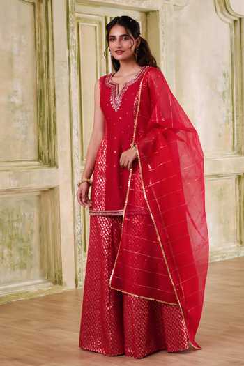 Buy_Muditaa By Urmila_Red Chanderi, Organza V-neck Raga Embroidered Kurta Sharara Set _at_Aza_Fashions