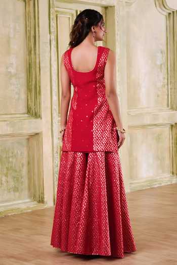 Shop_Muditaa By Urmila_Red Chanderi, Organza V-neck Raga Embroidered Kurta Sharara Set _at_Aza_Fashions