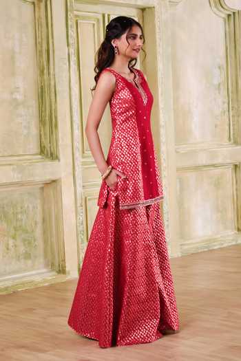 Shop_Muditaa By Urmila_Red Chanderi, Organza V-neck Raga Embroidered Kurta Sharara Set _Online_at_Aza_Fashions
