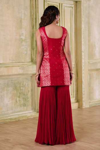 Shop_Muditaa By Urmila_Red Georgette, Chanderi, Brocade, Organza Bahaar Embroidered Kurta Gharara Set _at_Aza_Fashions