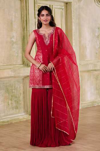 Buy_Muditaa By Urmila_Red Georgette, Chanderi, Brocade, Organza Bahaar Embroidered Kurta Gharara Set _at_Aza_Fashions