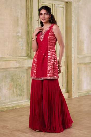 Buy_Muditaa By Urmila_Red Georgette, Chanderi, Brocade, Organza Bahaar Embroidered Kurta Gharara Set _Online_at_Aza_Fashions