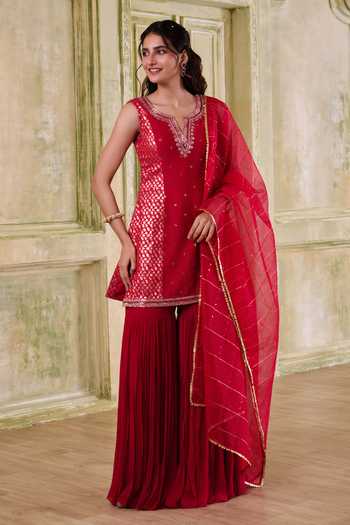 Shop_Muditaa By Urmila_Red Georgette, Chanderi, Brocade, Organza Bahaar Embroidered Kurta Gharara Set _Online_at_Aza_Fashions